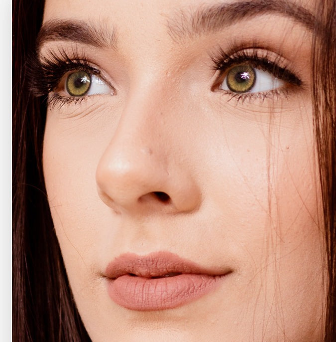 Hazel colored contacts on a model, natural editorial portrait