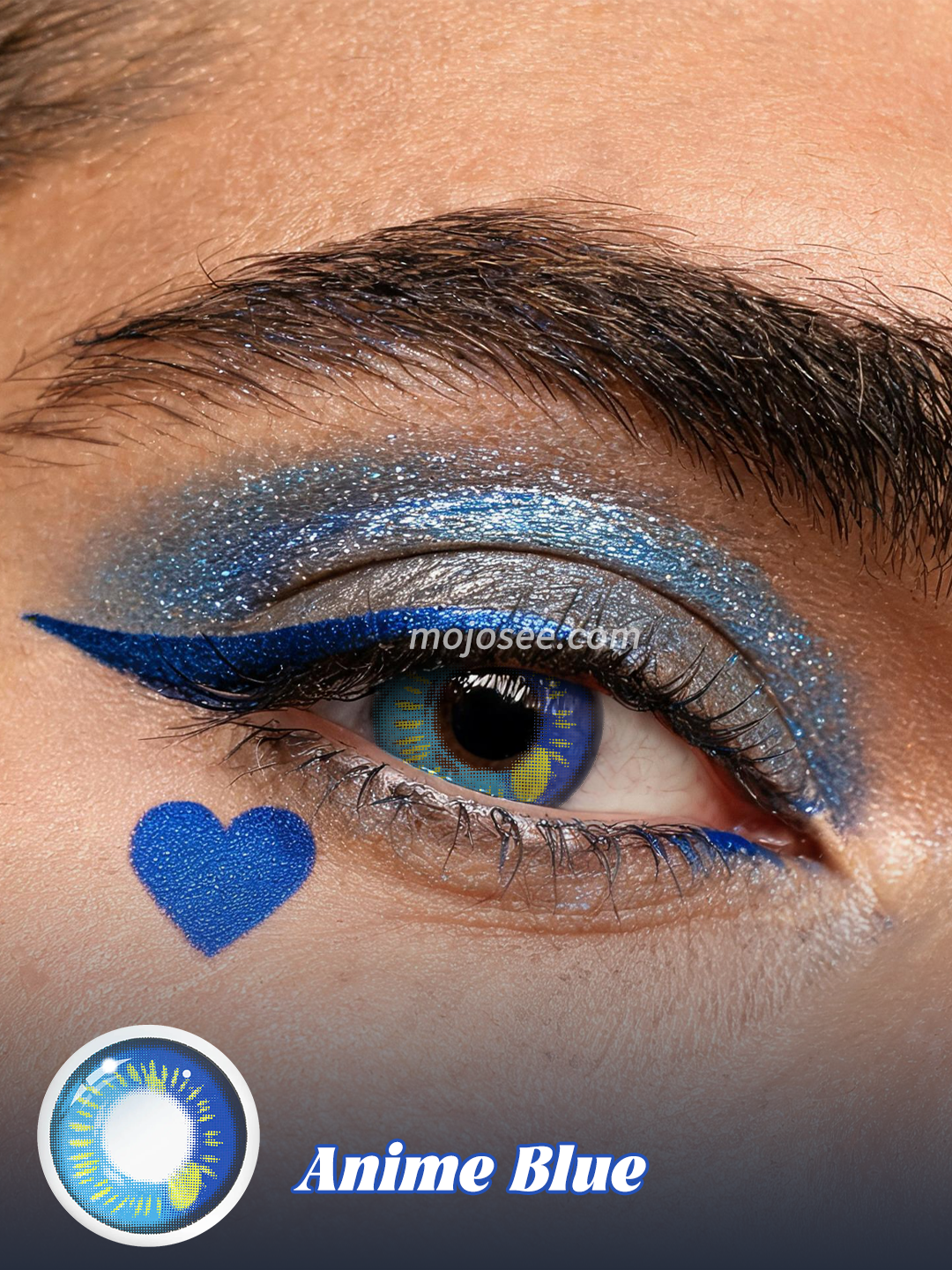Anime Blue colored contact lenses worn on eye – Mojosee