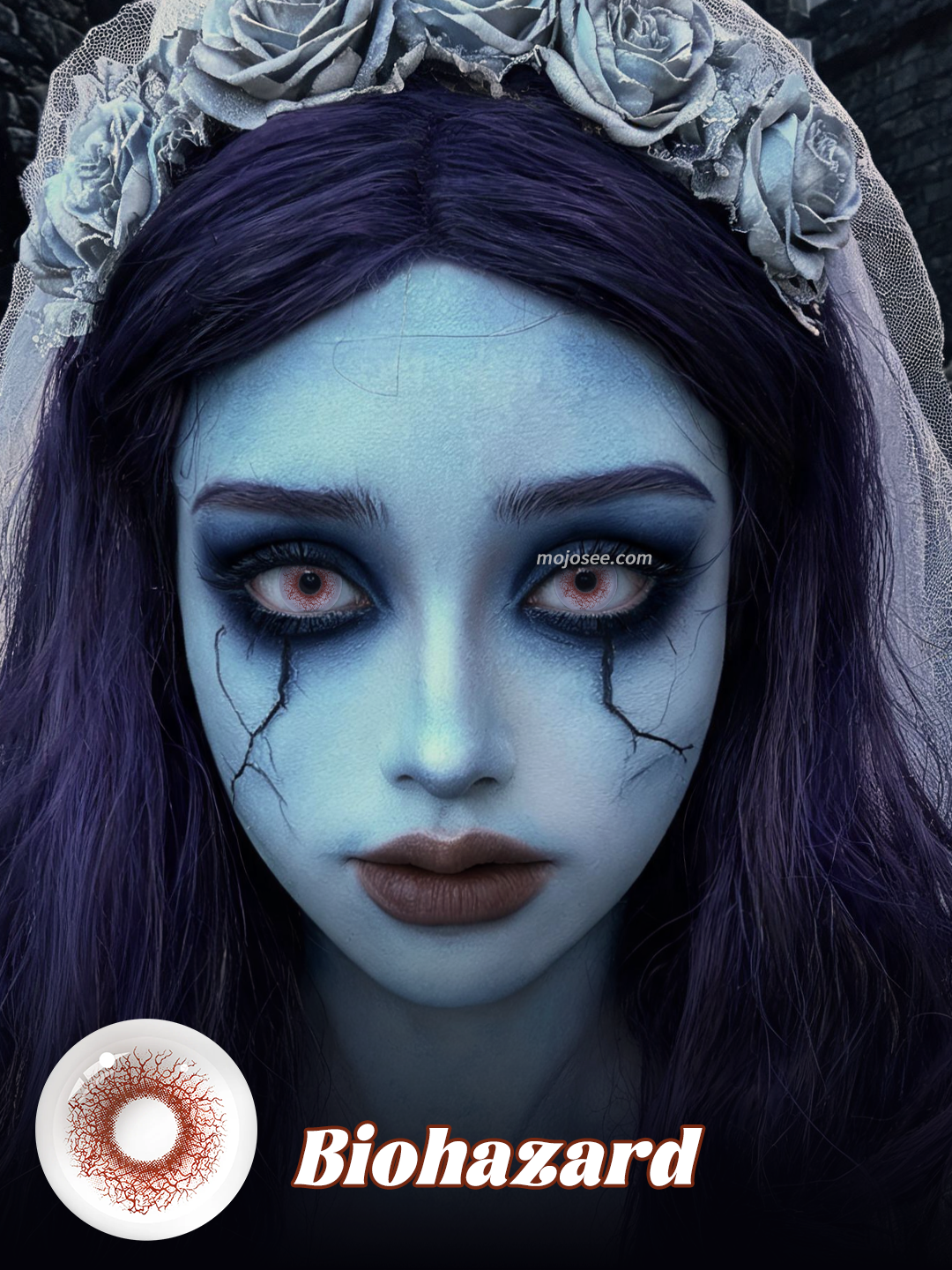 Biohazard colored contact lenses worn on eye – Mojosee