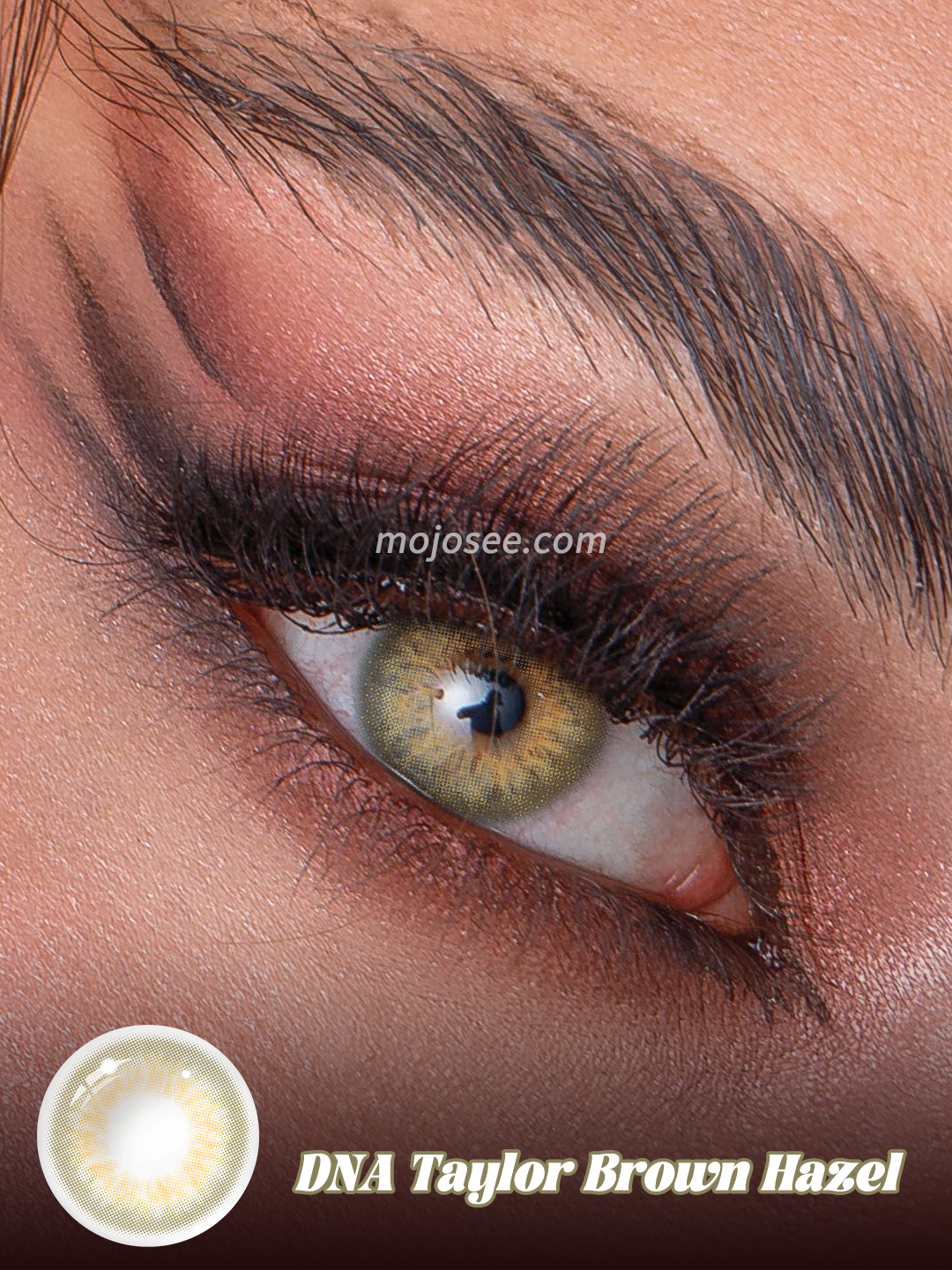 DNA Taylor Brown Hazel colored contact lenses worn on eye – Mojosee