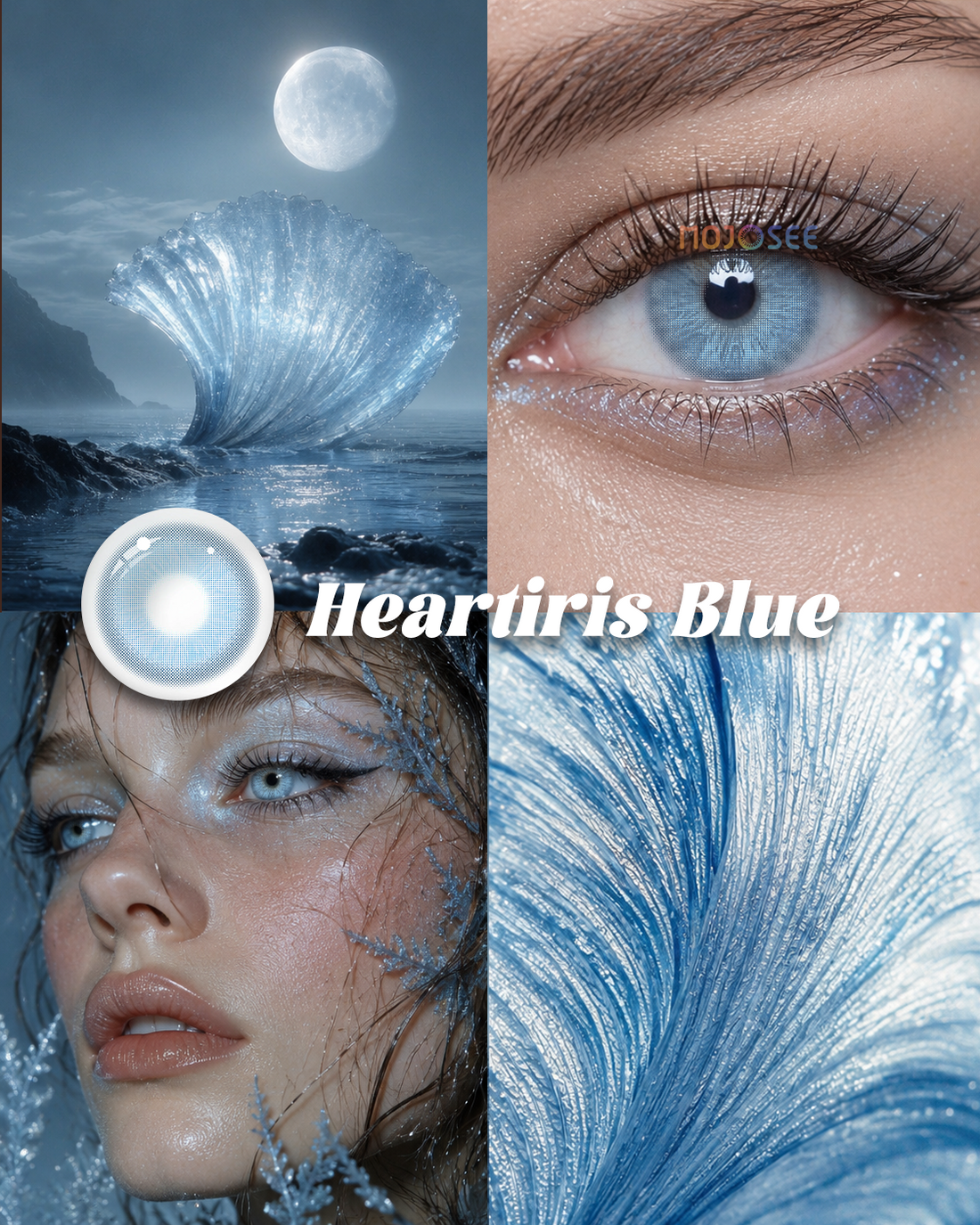 Heartiris Blue colored contact lenses worn on eye – Mojosee