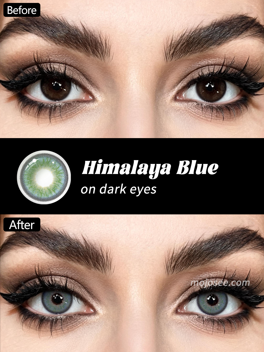 Himalaya Blue colored contacts before and after on dark brown eyes