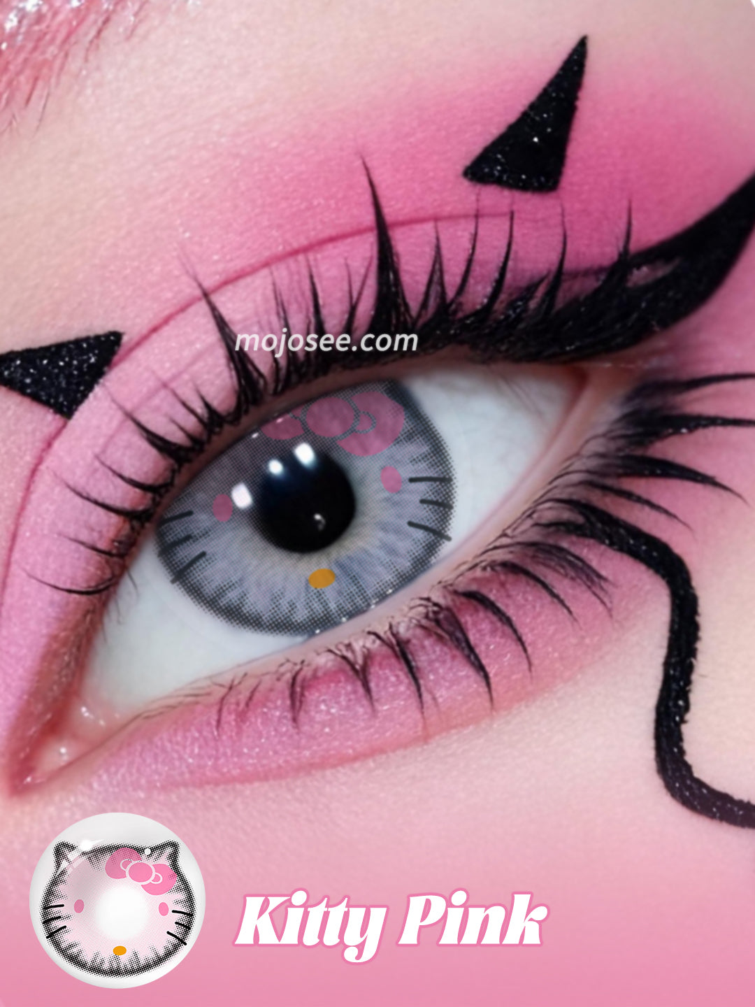 Kitty Pink colored contact lenses worn on eye – Mojosee