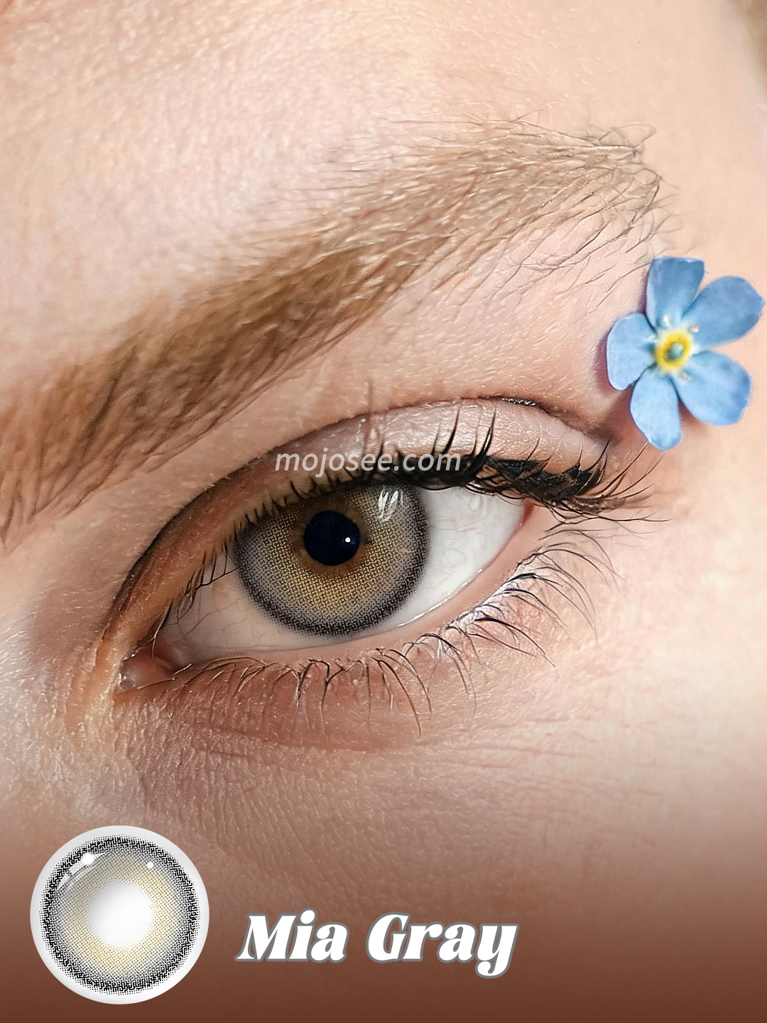 Mia Gray colored contact lenses worn on eye – Mojosee