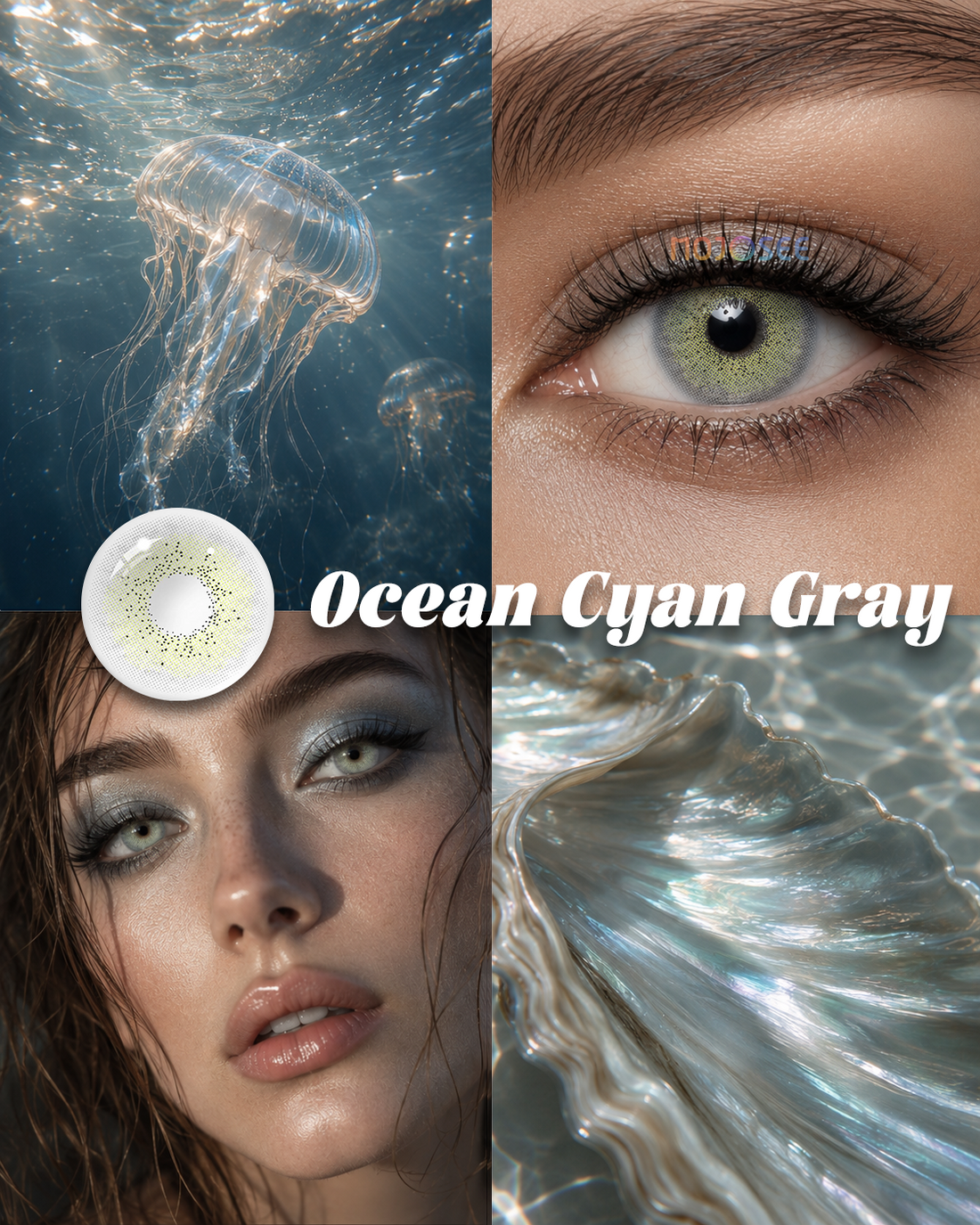 Ocean Cyan Gray colored contact lenses worn on eye – Mojosee