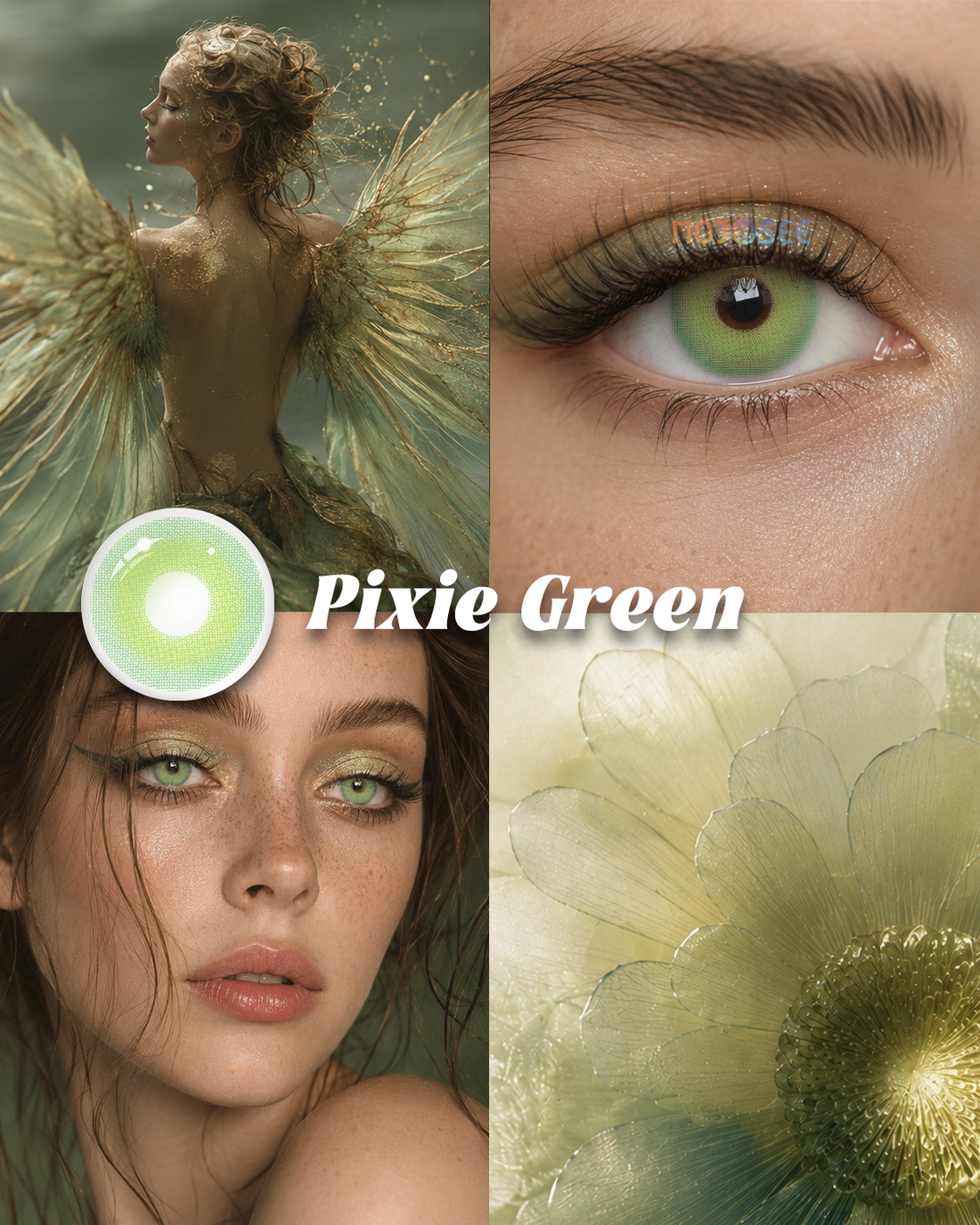 Pixie Green colored contact lenses worn on eye – Mojosee