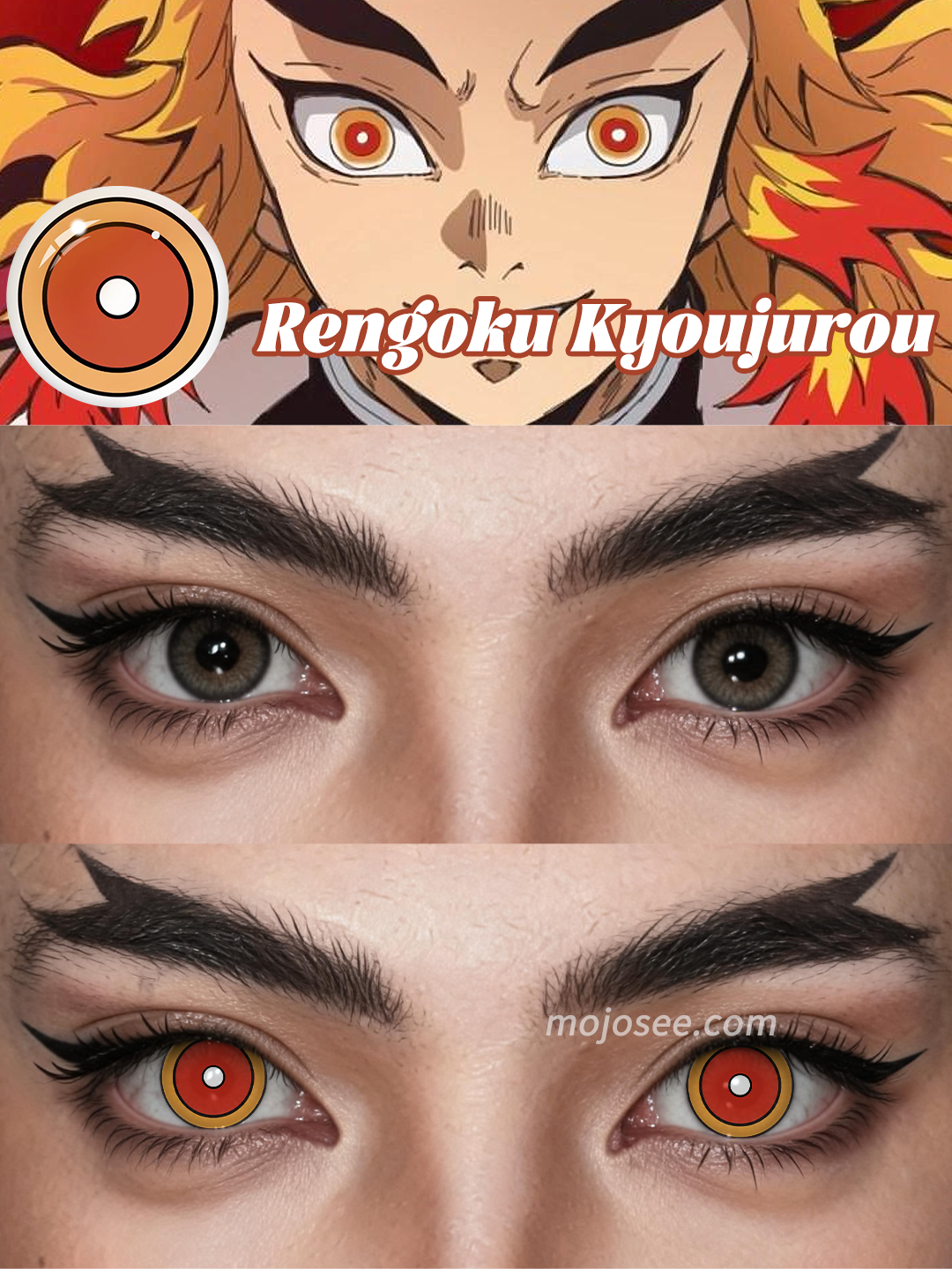 Rengoku kyoujurou colored contact lenses worn on eye – Mojosee