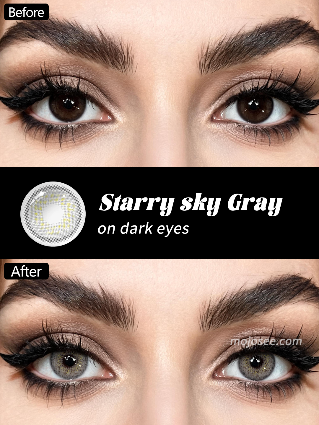 Starry sky Gray colored contacts before and after on dark brown eyes