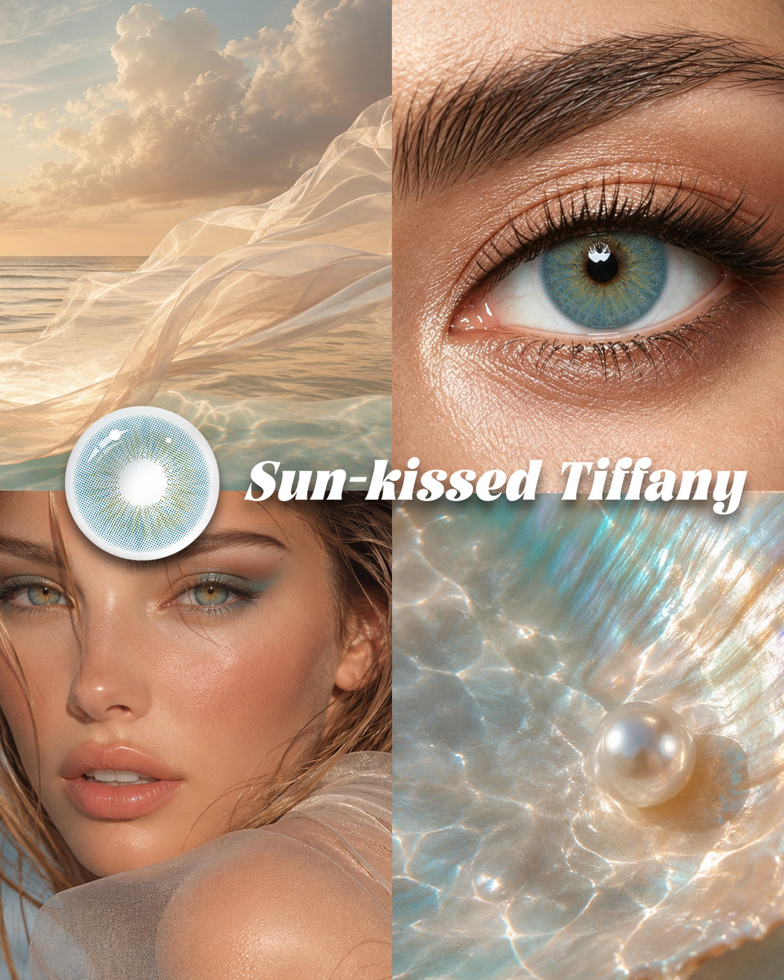 Sun kissed Tiffany colored contact lenses worn on eye – Mojosee
