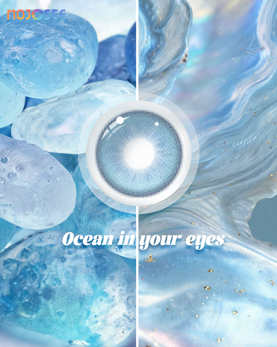 Twilight Blue colored contact lenses worn on eye – Mojosee