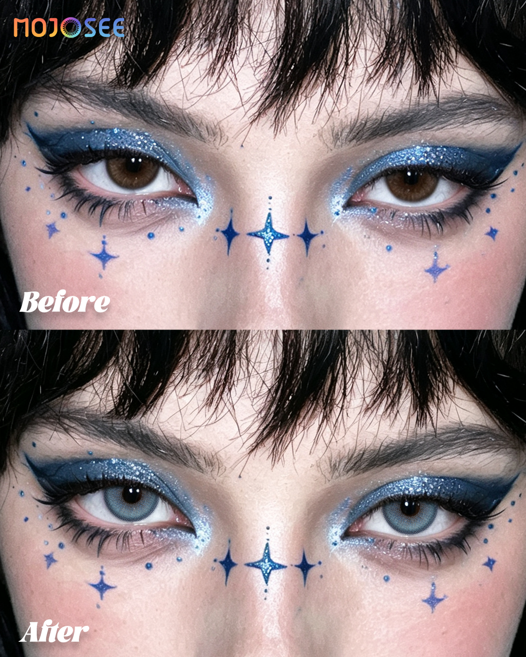 Twilight Blue colored contacts before and after on dark brown eyes