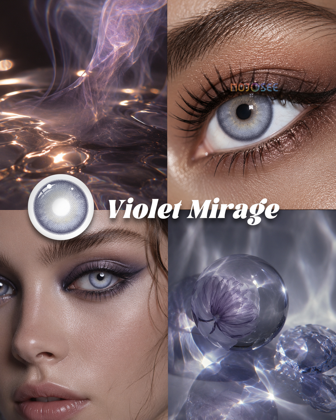 Violet Mirage colored contact lenses worn on eye – Mojosee