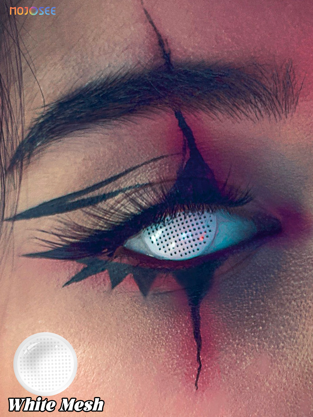 White Mesh colored contact lenses worn on eye – Mojosee