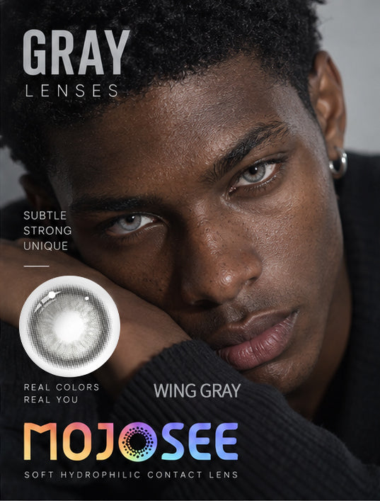 Wing Gray colored contact lenses for men - model wearing gray lenses