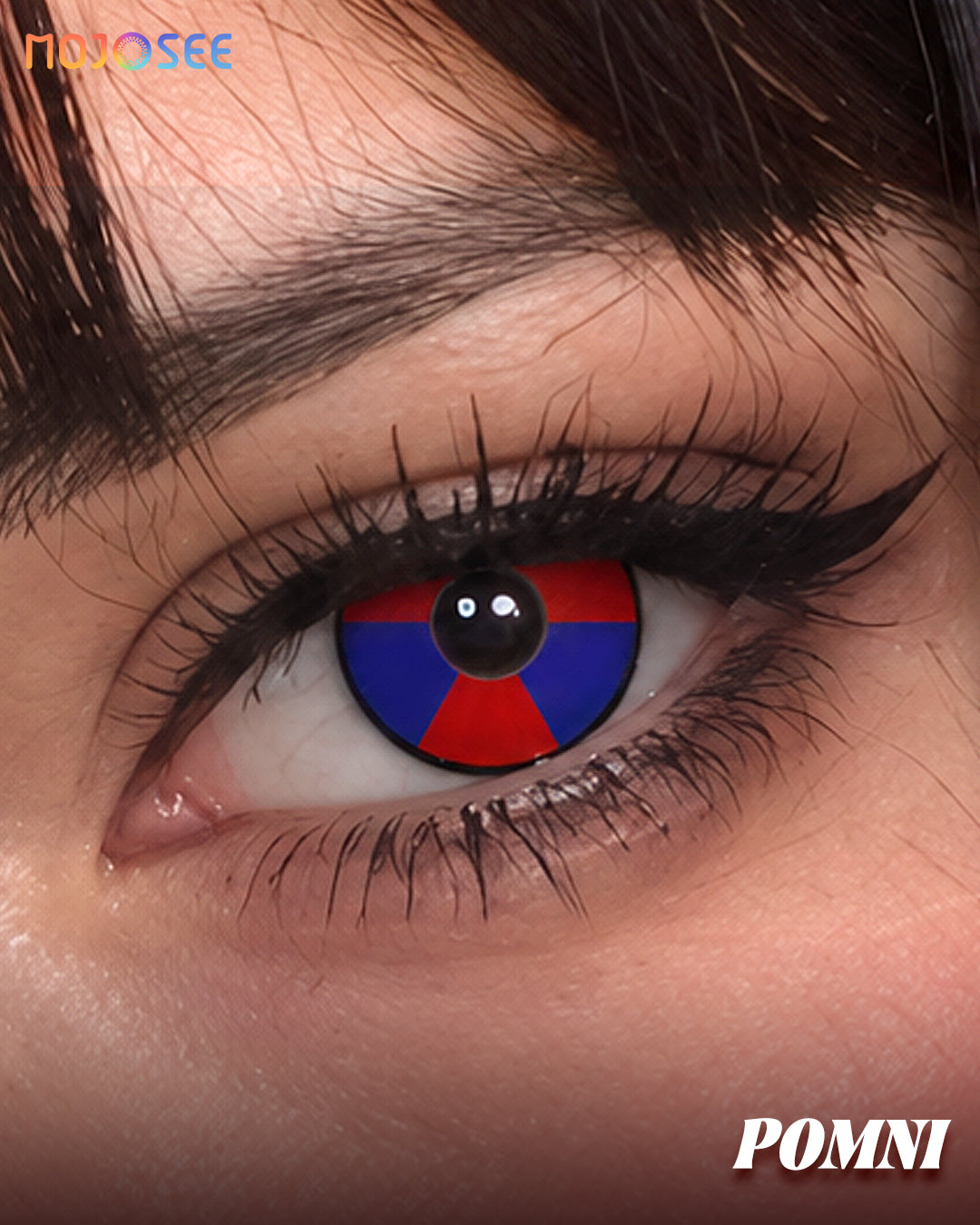 Close-up of Pomni red and blue pinwheel contact lens on the eye