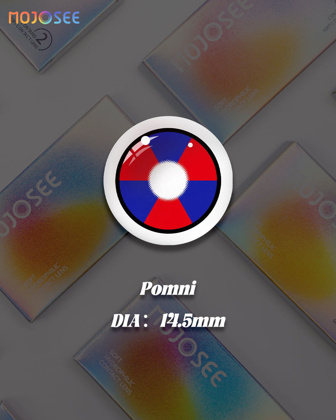 Pomni lens design, 14.5mm diameter, red and blue pinwheel segments