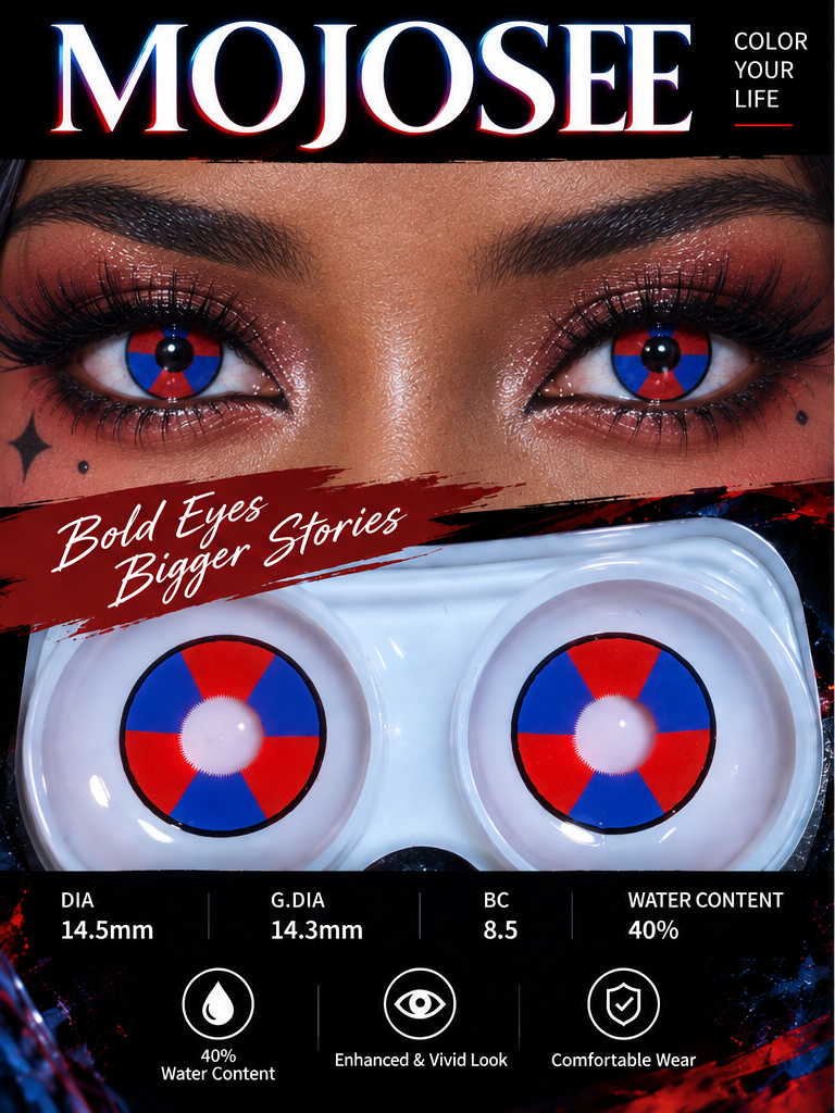 Pomni contact lenses worn on deep skin tone with lens pair in blister, DIA 14.5mm