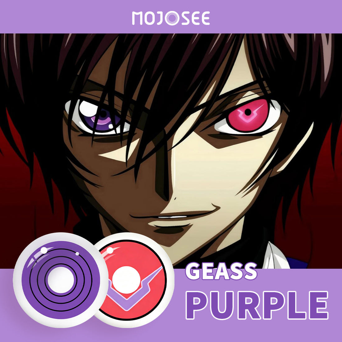 Lelouch heterochromia cosplay contacts – Red Geass on one eye, purple on the other