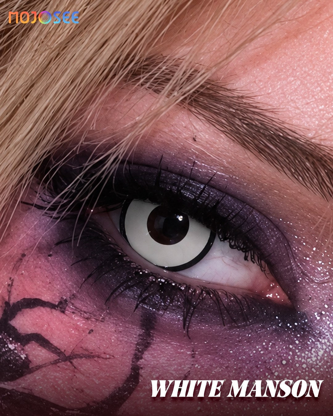 Circle Block White Manson Colored Contact Lenses – White Black Rim Ring Eye — look 1