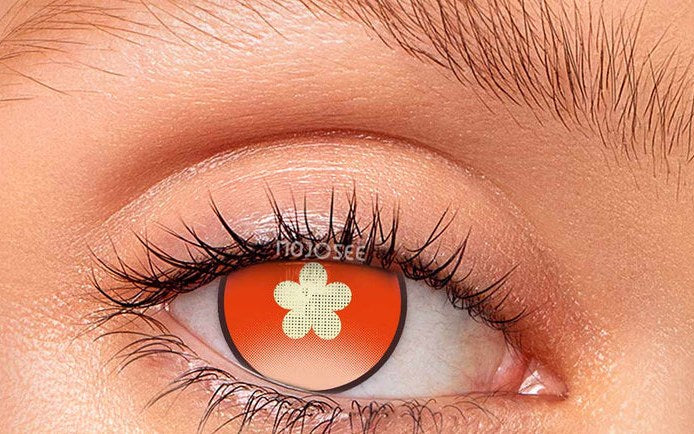 Hu Tao red flower-pupil lens worn on a real eye