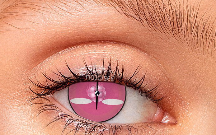 Nezuko pink slit-pupil lens worn on a real eye