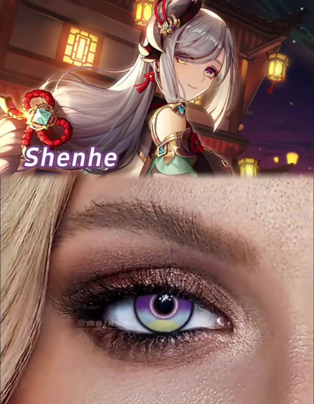 Violet on Top, Lime Below: Shenhe's Two-Tone Lens Worn on Brown Eyes