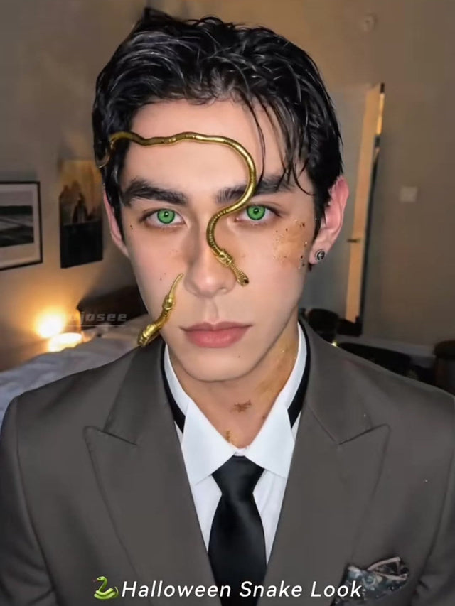 The Halloween Snake Look for Men: Wet Hair, Gold Flecks, Green Eyes
