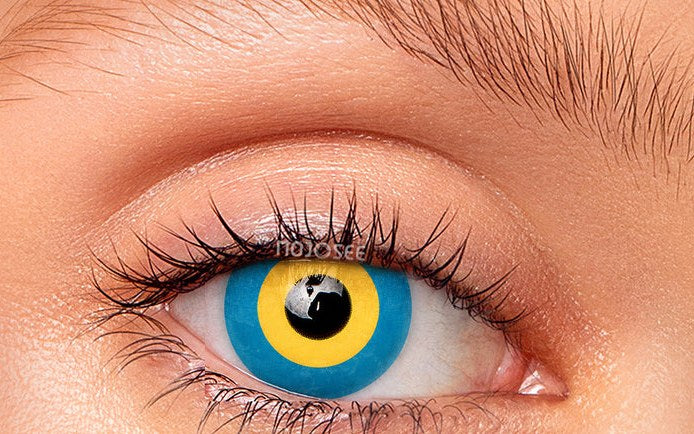 Miku blue lens with yellow ring worn on a real eye