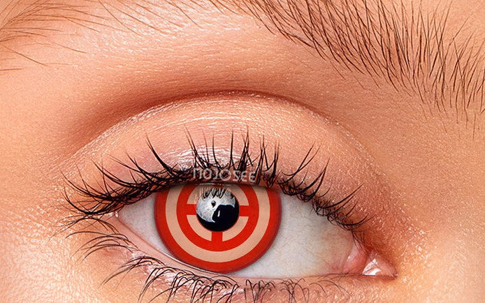 Power red ringed cosplay lens worn on a real eye