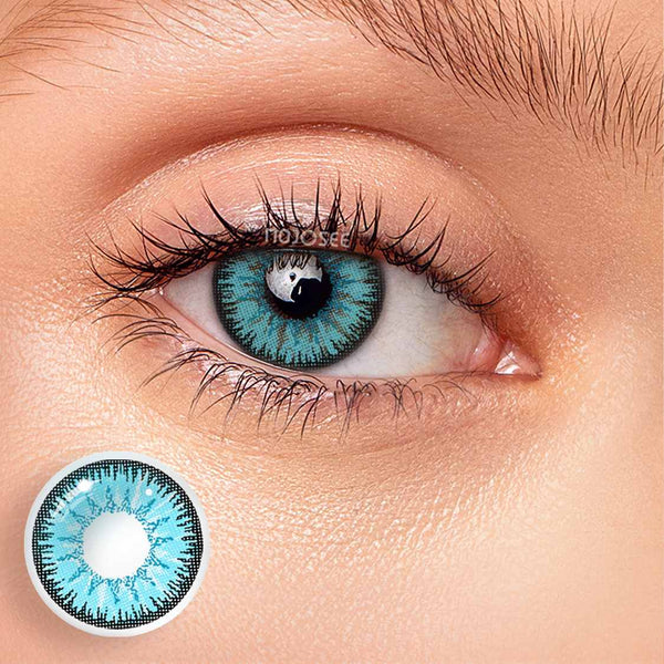 Model wearing Vika Tricolor Blue colored contact lenses