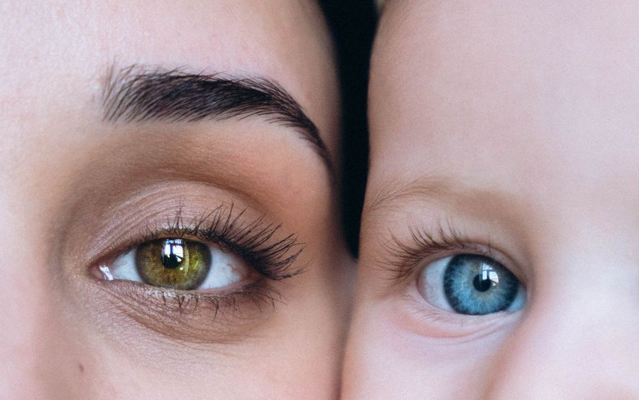 Two eyes side by side in different colors, one hazel and one blue