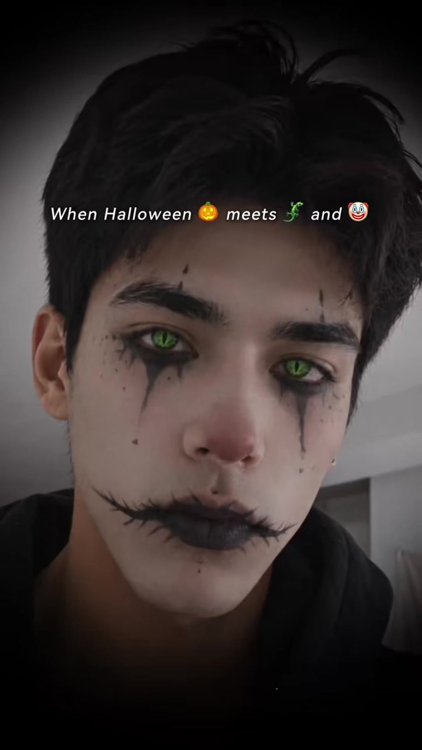 Green Slit-Pupil Contacts on Dark Brown Eyes: The Swamp Jester Halloween Look