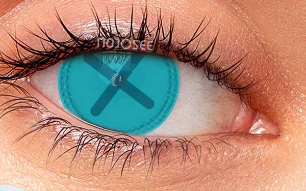 Blue stitched button-eye contact lens worn on an open eye