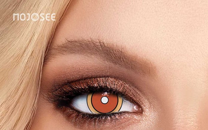 Rengoku flame amber-gold lens worn on a real eye