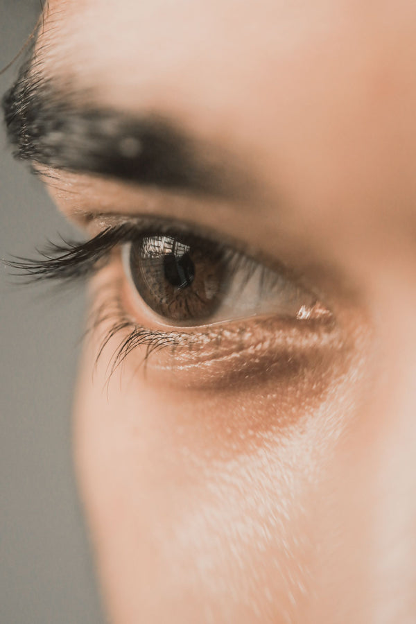 Detailed close-up of a brown eye with lashes and brow