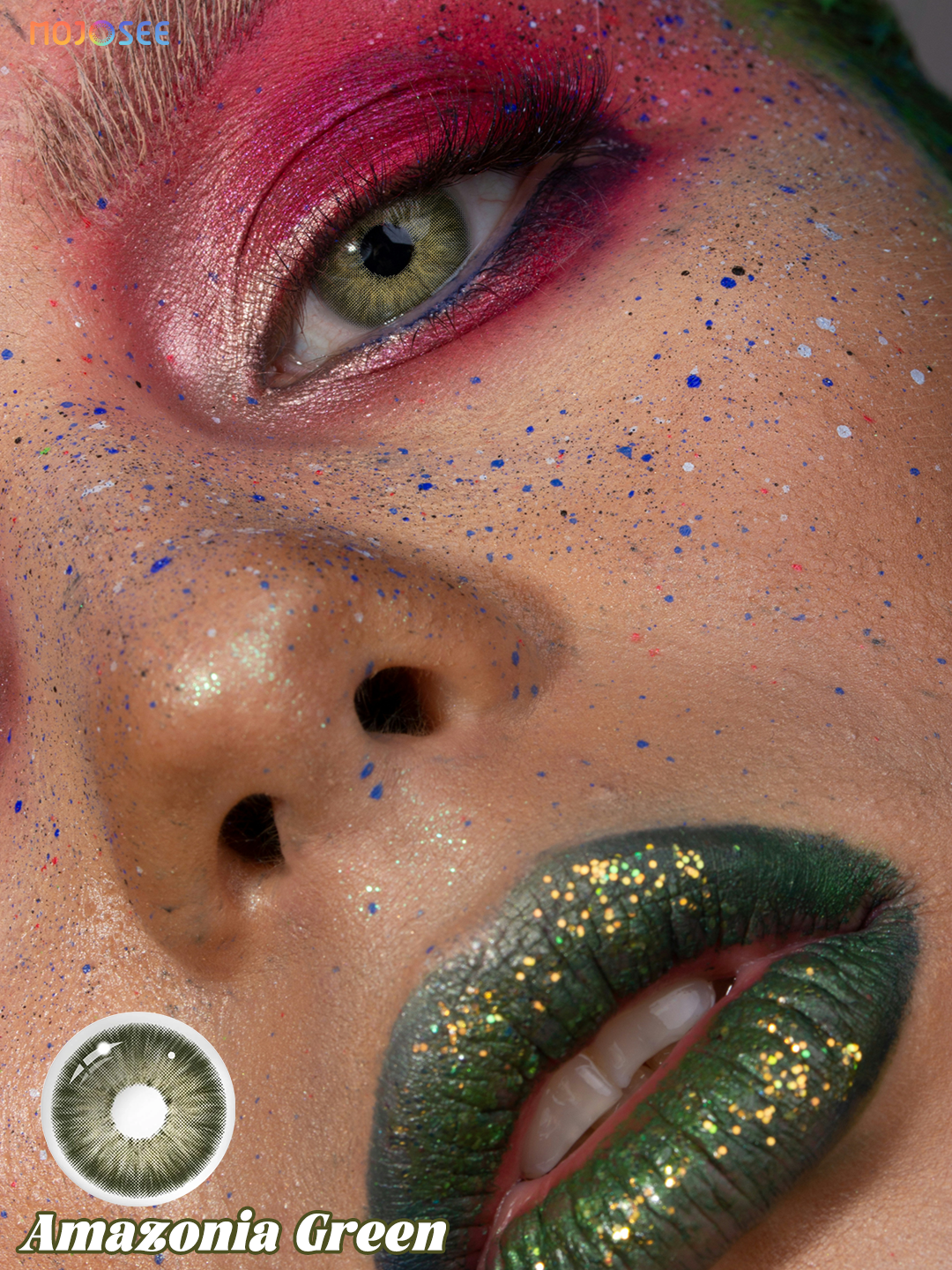 Amazonia Green colored contact lenses worn on eye – Mojosee