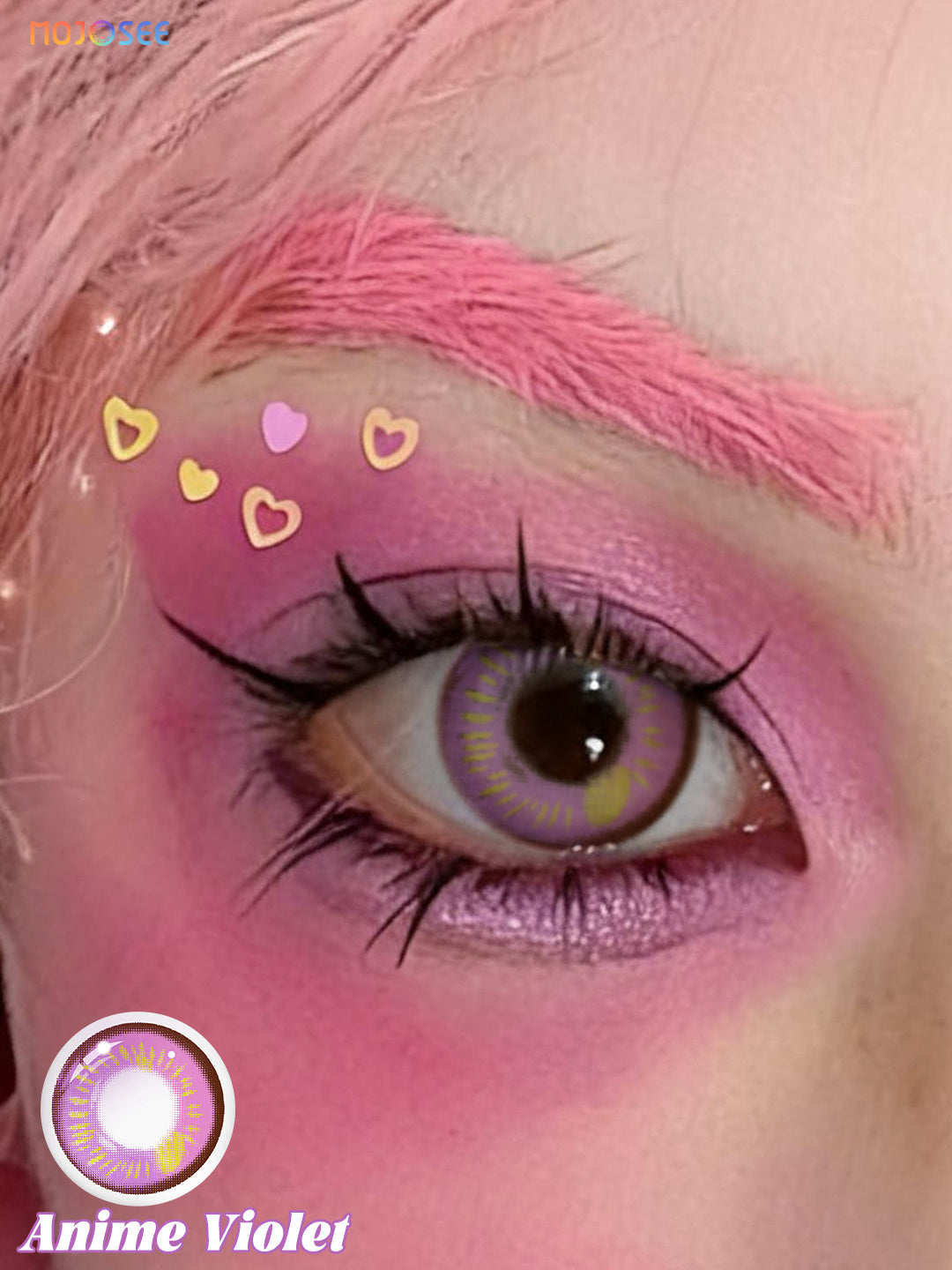 Anime Violet colored contact lenses worn on eye – Mojosee