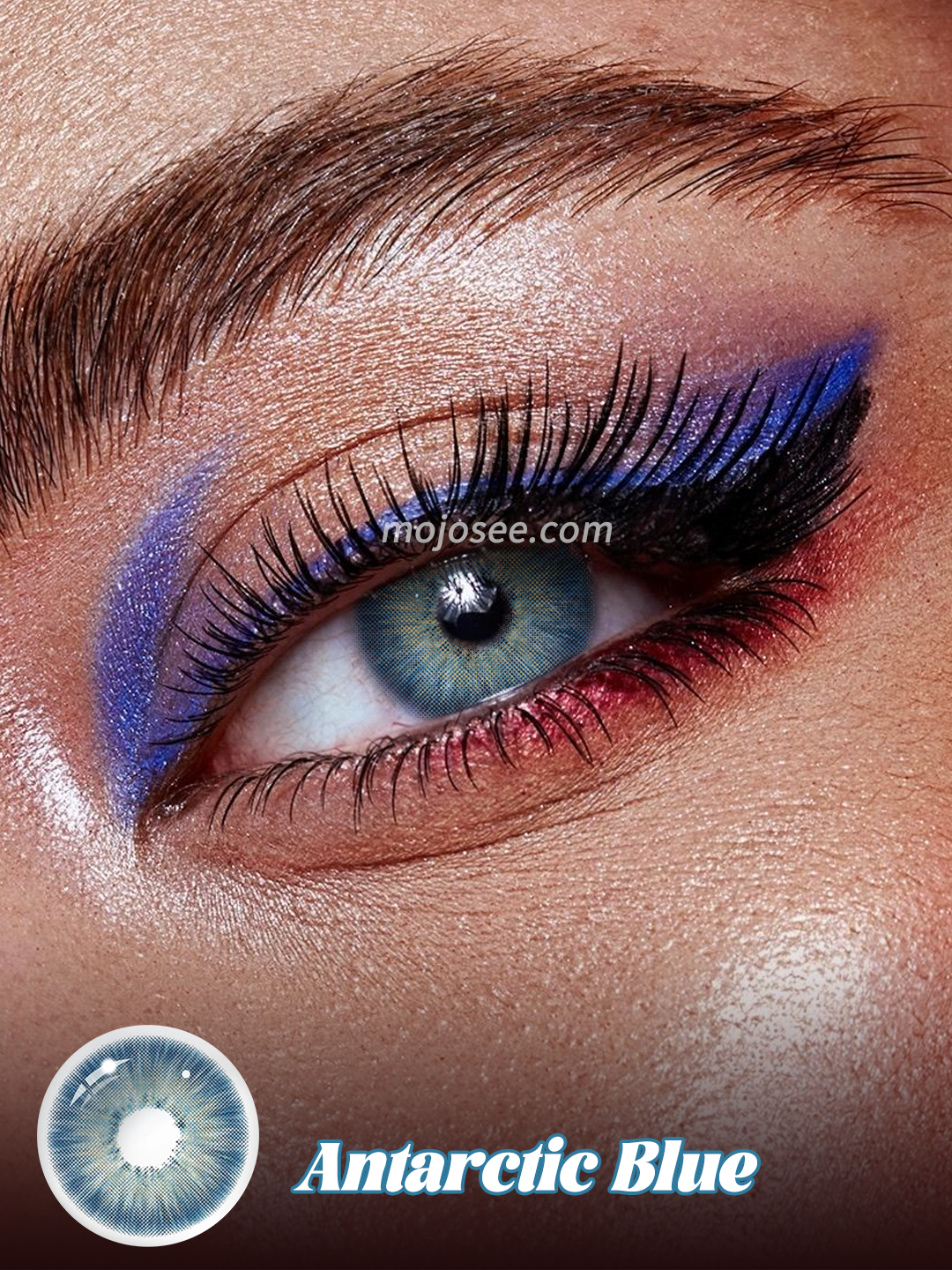 Antarctic Blue colored contact lenses worn on eye – Mojosee