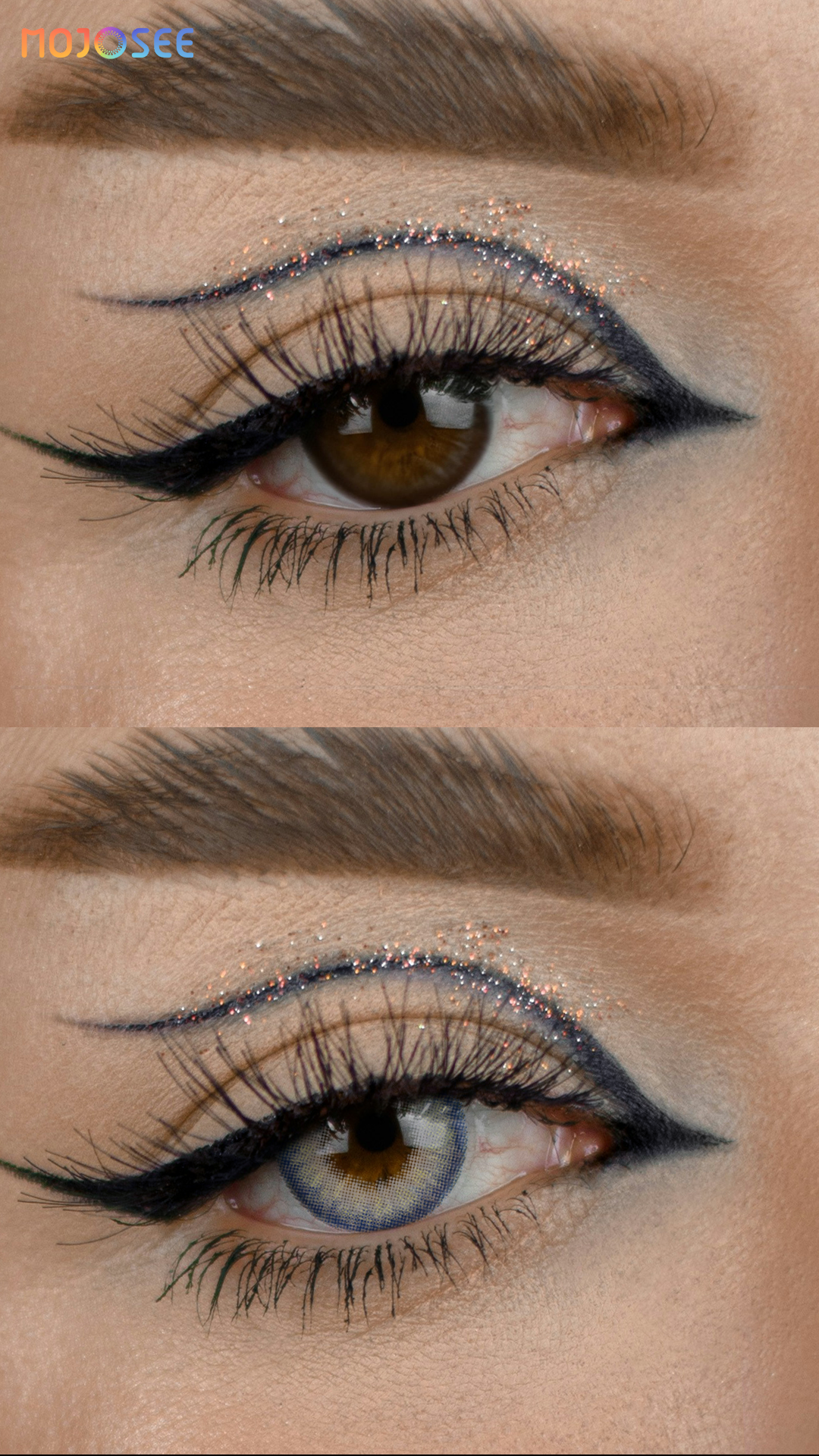 Aqua Blue colored contact lenses worn on eye – Mojosee