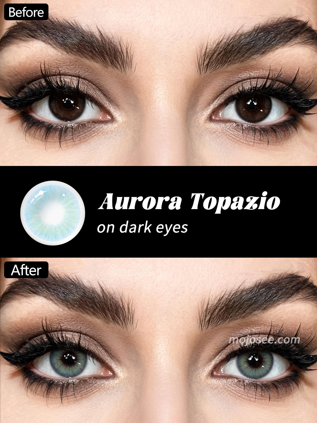 Topazio colored contacts before and after on dark brown eyes