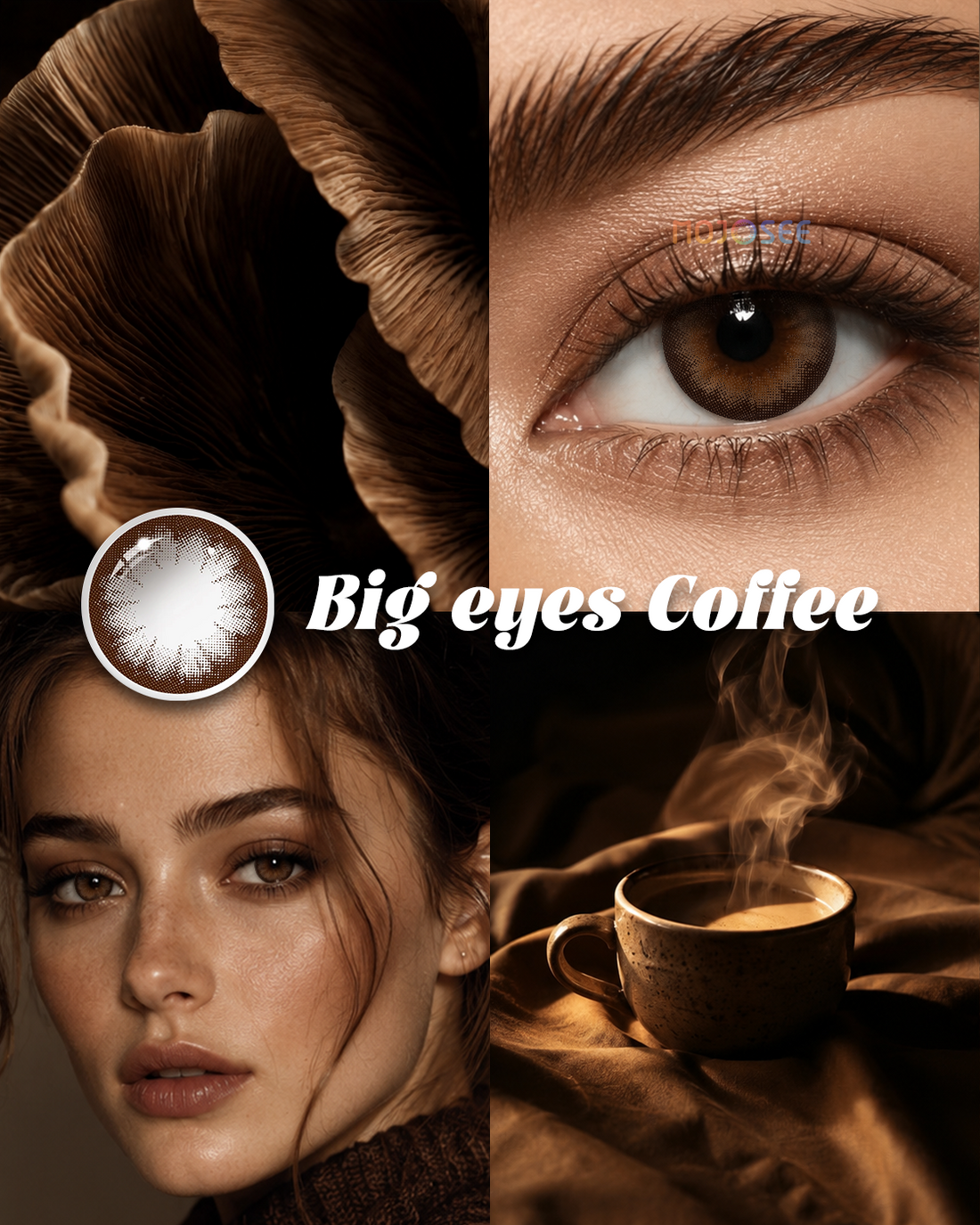 Big Eyes Coffee colored contact lenses worn on eye – Mojosee