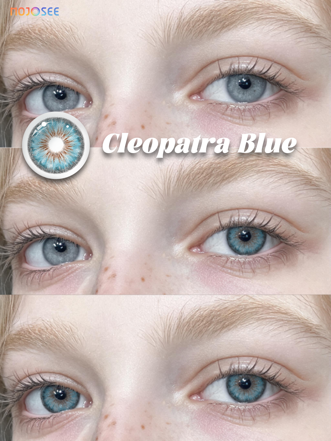 Cleopatra Blue colored contact lenses worn on eye – Mojosee