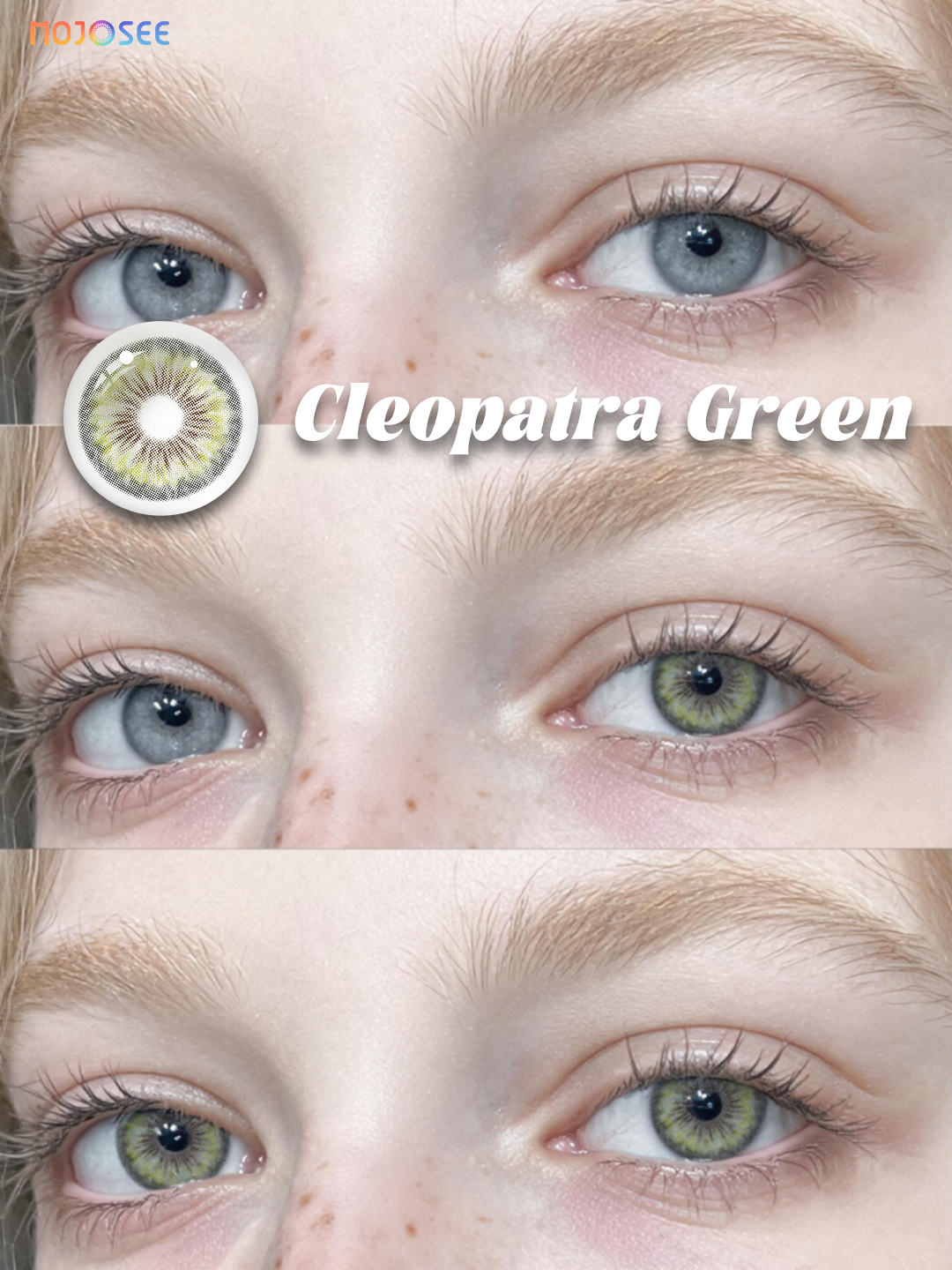 Cleopatra Green colored contact lenses worn on eye – Mojosee