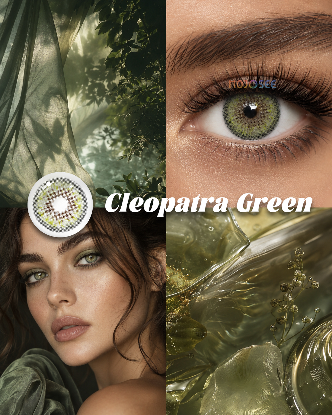 Cleopatra Green colored contact lenses worn on eye – Mojosee