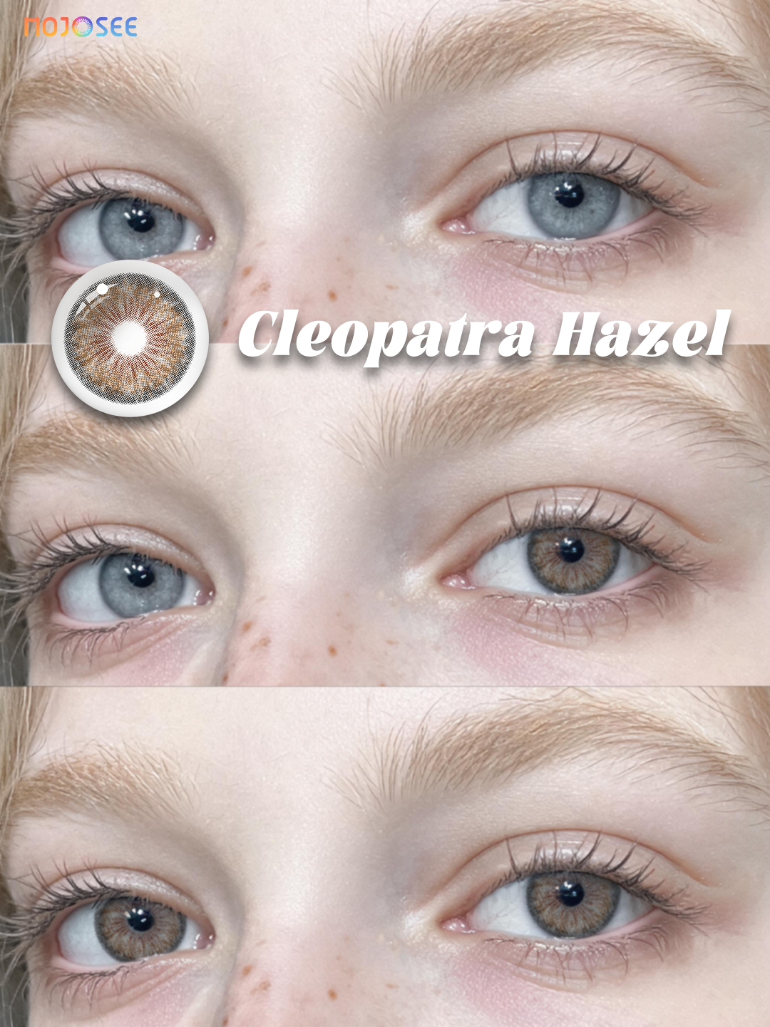 Cleopatra Hazel colored contact lenses worn on eye – Mojosee