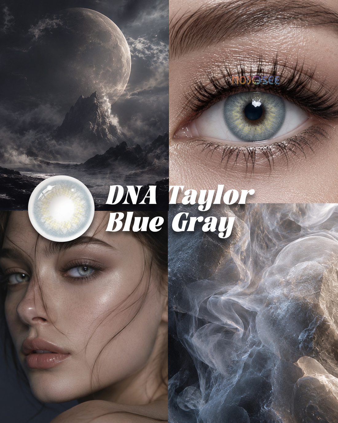 DNA Taylor Blue Gray colored contact lenses worn on eye – Mojosee