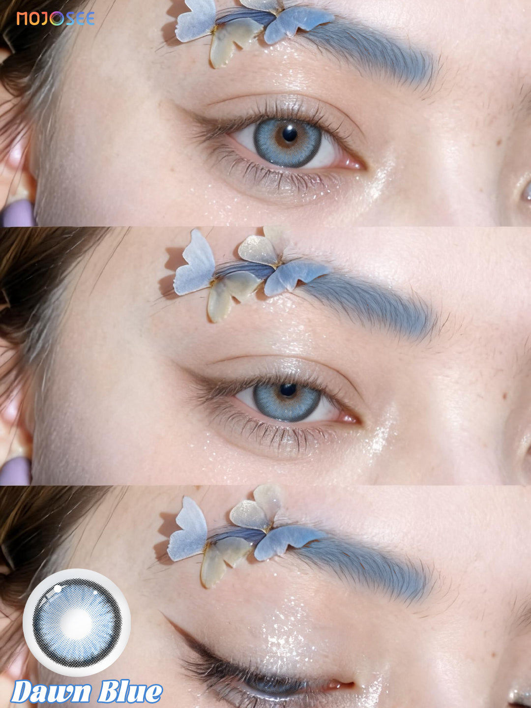 Dawn Blue colored contact lenses worn on eye – Mojosee