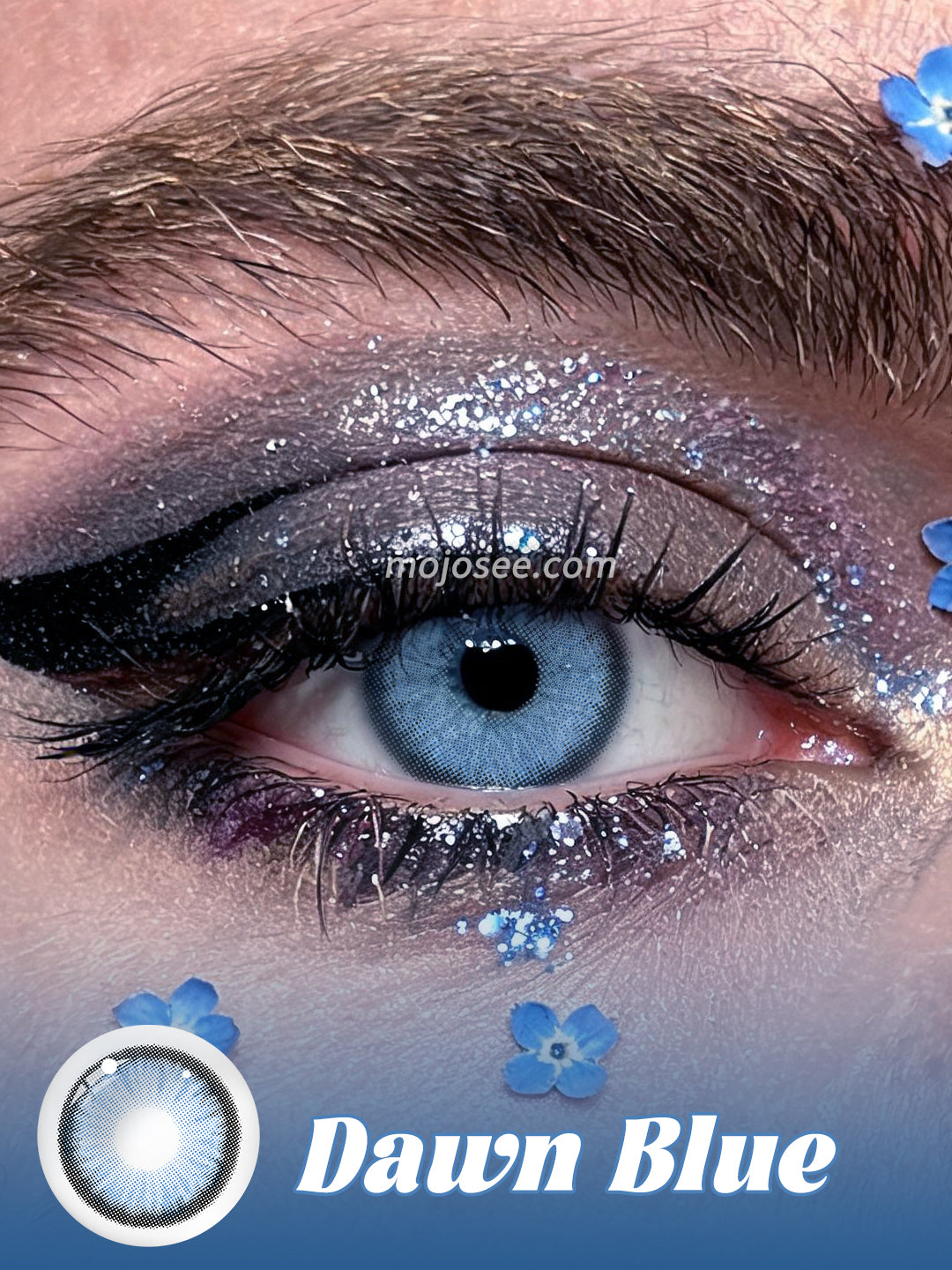 Dawn Blue colored contact lenses worn on eye – Mojosee
