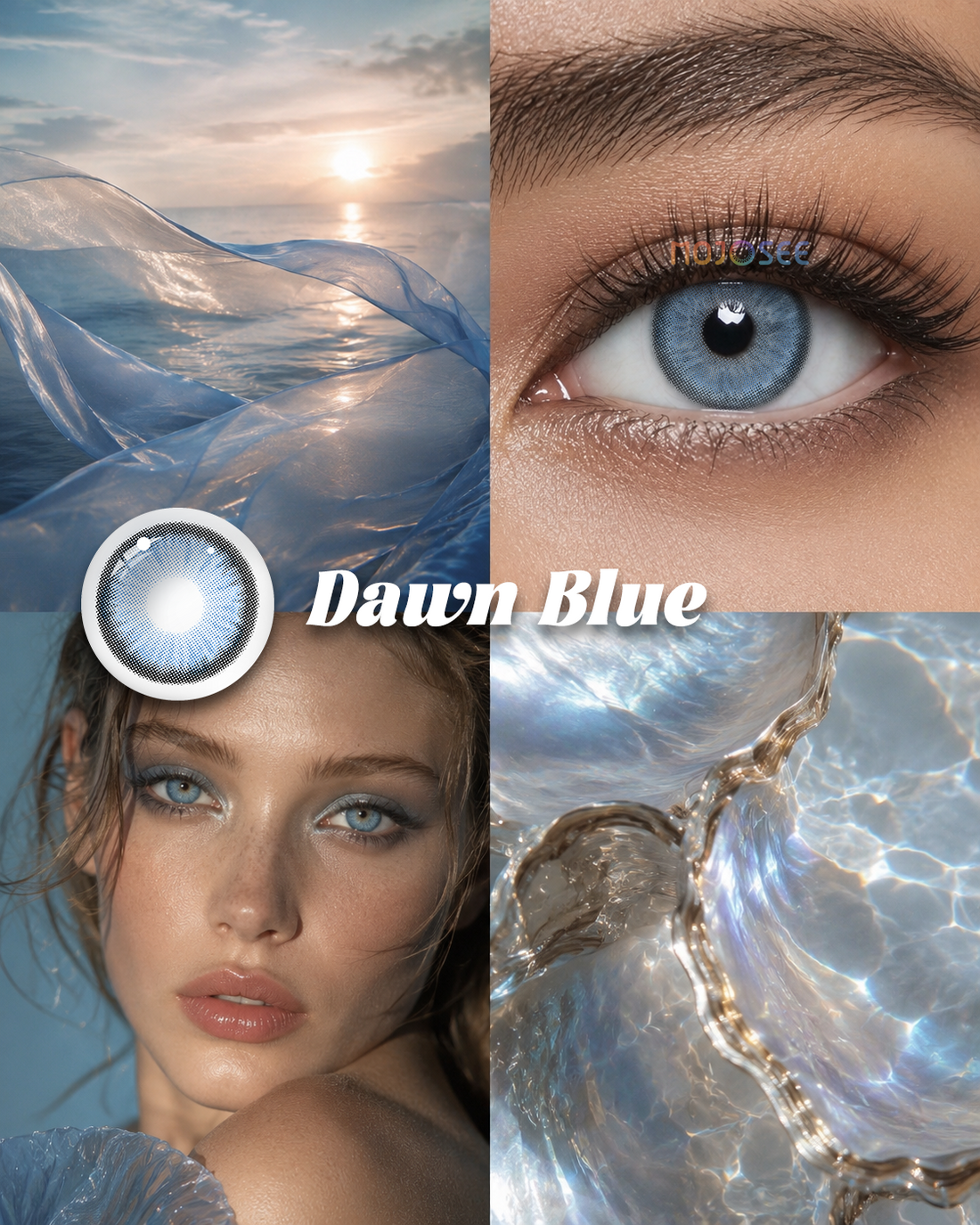 Dawn Blue colored contact lenses worn on eye – Mojosee