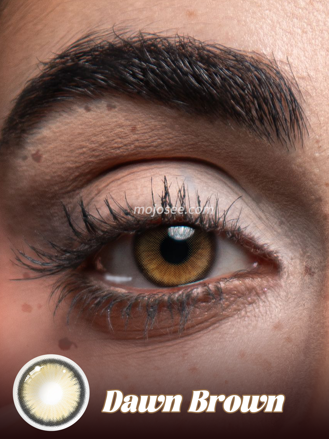 Dawn Brown colored contact lenses worn on eye – Mojosee